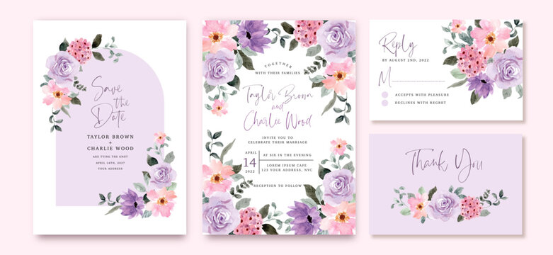 wedding invitation set with purple pink watercolor floral frame