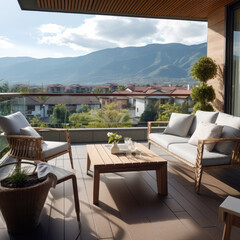 Fototapeta na wymiar Mountain-View Balcony Modern Sleekness