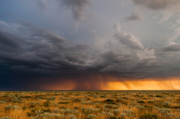 Dark thunderstorm sky. Storm clouds. Dramatic skies over the landscape. Rain and hail in field. Nature background.