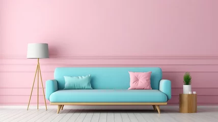 Foto op Aluminium Bright living room mock up with pink sofa and light blue cozy sofa © BornHappy