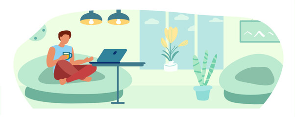 Fototapeta na wymiar Man relaxing in a chair, self-care concept, lamps, laptop, vector illustration