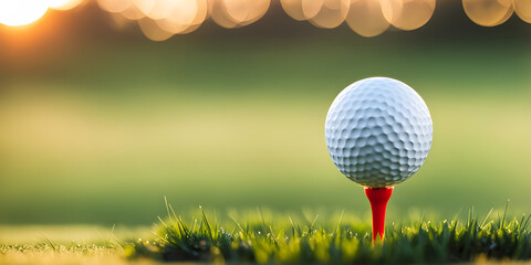 Close-up golf ball on tee with blur background.