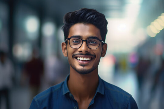 Happy Wealthy Rich Successful Indian Business Man Standing In Big City Modern Skyscrapers Street On Sunset Thinking Of Successful Future Vision, Dreaming Of New Investment Opportunities Concept