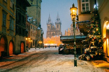 Snow winter morning in Prague, Christmas Market