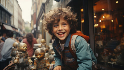 Vintage polaroid picture, 1996s 10 years old child looking excited trough window from a toy store...