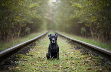 A black Patterdale terrier sitting in the middle of a train track,