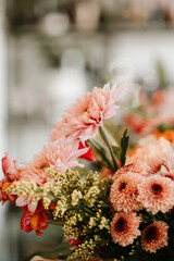 Close up of light pink floral bouquet at the shop