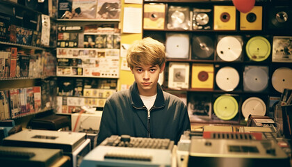Vintage polaroid picture, 1996s 15 years old teenager in a record store in London,listening to record with headphone generative ai