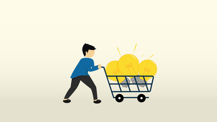 Gathering big ideas, creativity and innovation to create new products, solutions to solve problems, finding new idea concepts, enthusiastic entrepreneurs push big light bulb ideas into the cart by run