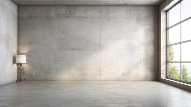 Empty loft room with blank concrete wall and big win modern