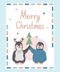 Vector Greeting Card in Pastel Colors with Cute Animals and Christmas tree. Merry Christmas and Happy New Year Concept
