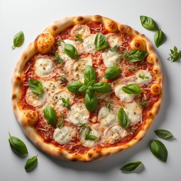 Top View Margherita Pizza On Marble, White Background, For Design And Printing