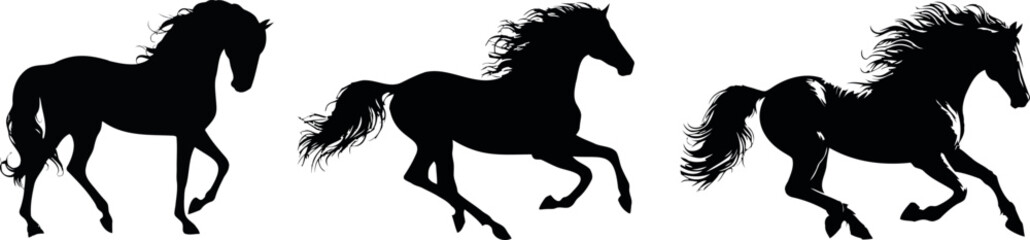 Horses, silhouettes, equestrian, equine, galloping, Three black silhouettes of horses running on a white background. Perfect for themes related to horse racing, equestrian, and equine. animals, mammal