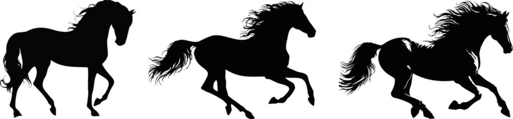 Fototapeten Horses, silhouettes, equestrian, equine, galloping, Three black silhouettes of horses running on a white background. Perfect for themes related to horse racing, equestrian, and equine. animals, mammal © Arafat