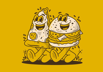 Character illustration of walking burger and pizza