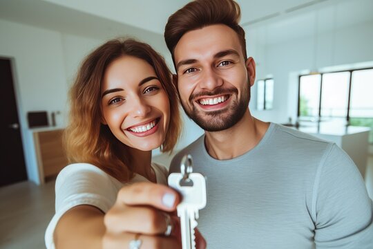 Young smiling couple showing house keys. The action takes place in a new spacious room.