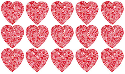 Pattern of red hearts on a white background. Hearts are filled with various ornaments. Doodle. Circles, dots, lines of different thicknesses, strokes, curls. Valentine's Day, symbols of love.
