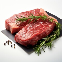 Two Fresh Ribeye Steaks Peppercorn Rosemary, White Background, For Design And Printing