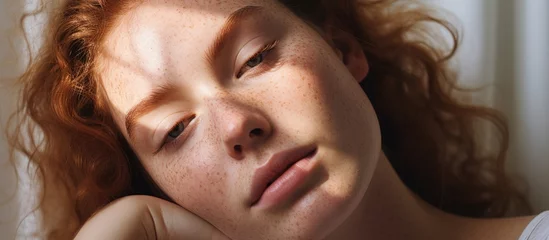 Fotobehang Natural beauty and skincare for a girl with freckles, relaxing with self-care and a beauty routine. © 2rogan