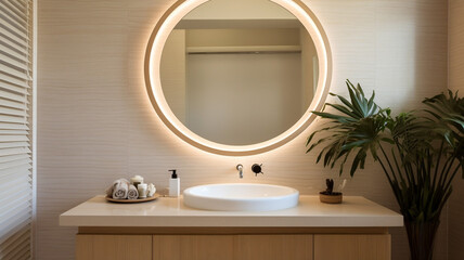 Interior of modern bathroom with round mirror bathtub