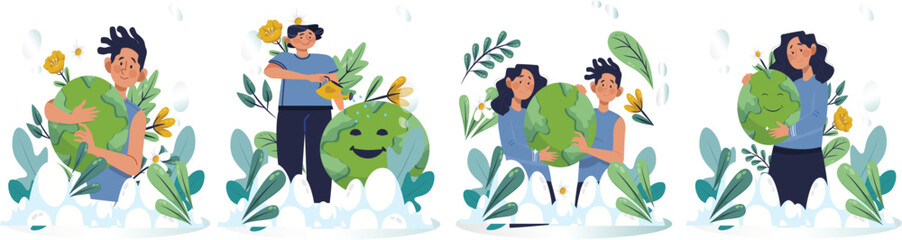 Smiling Earth in Hands illustration set. The people holding the earth are a relatable human element that helps viewers connect with the which makes it visually appealing.