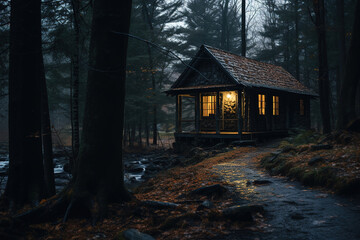 Fototapeta na wymiar Lone cabin in the woods. Cabin Porn