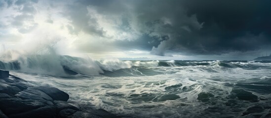 Stormy sea shore with panoramic view. Waves, splashes, water. Soft sunlight, dramatic sky. Idyllic seascape. Pure nature, environment, cyclone weather. - obrazy, fototapety, plakaty