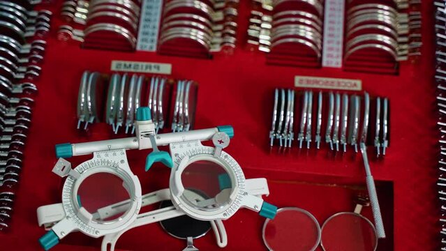Spectacle lenses eyeglass optometrist tool set. Optical for eyesight check