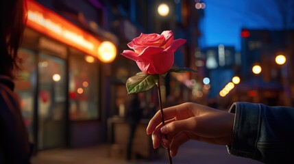 Special Valentine s Evening Young Woman Surprises with a Rose at a Restaurant - obrazy, fototapety, plakaty
