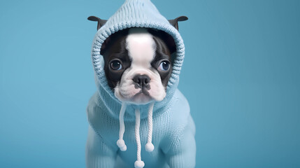 Cute puppy in fashionable clothes. Concept of animal clothing or animal fashion advertisings. Dog wearing light blue colour long-sleeved crocheted sweater or hoodie isolated on light blue background. 