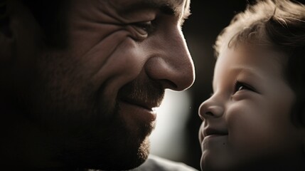 A touching and sincere close-up portrait of father and son. Fatherhood beyond stereotypes. Father's day concept.