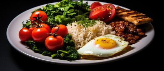 At the green-themed restaurant, a gourmet meal was served on a healthy plate, featuring a red tomato, rice, and vegetables, alongside meat, eggs, and a delightful breakfast, making it a satisfying