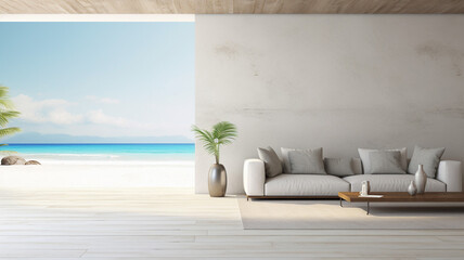 Fototapeta na wymiar Sea view living room with wooden floor and concrete copy space