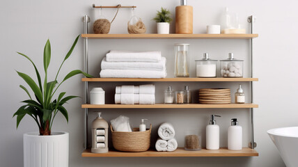 Shelving unit with different items in bathroom interior element