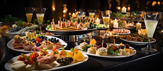 Fototapeta premium At the party, the restaurant was adorned with festive decorations that matched the holiday celebration, as guests indulged in a gourmet meal featuring canapes, appetizers, and a delectable dinner, all