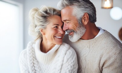 Beautiful professional mature model couple at Valetines day, candid shot of a close up of a very beautiful happy mature couple with opened round eyes wearing knitted sweater  - Powered by Adobe