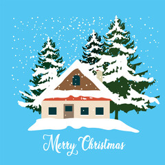 Christmas snowy house outside interior with winter landscape and fir trees. Vector illustration in hand drawn cartoon flat style