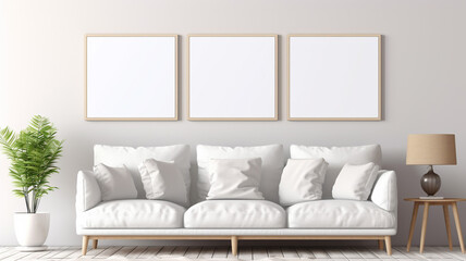 Three blank poster frame in bright modern living room