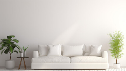 Fototapeta na wymiar Wall Mockup in White Interior with Sofa and Decoration contemporary