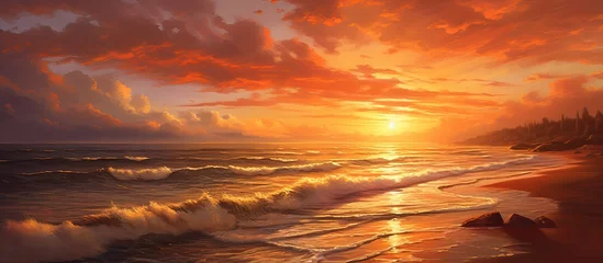 Deurstickers As the sun sets over the golden beach, the sky blushes with a warm orange color, creating a breathtaking landscape that showcases the beauty of nature in summer. The light dances upon the gentle waves © TheWaterMeloonProjec