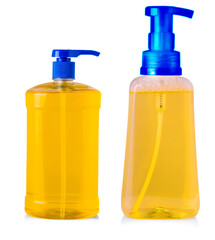 Set of orange plastic bottles with liquid laundry detergent, cleaning agent, bleach or fabric softener isolated on white background