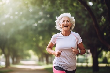 Portrait of smiling senior woman jogging in park on a sunny day. - obrazy, fototapety, plakaty