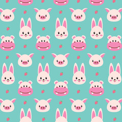 Seamless pattern cute animals cartoon style hand drawn vector illustration