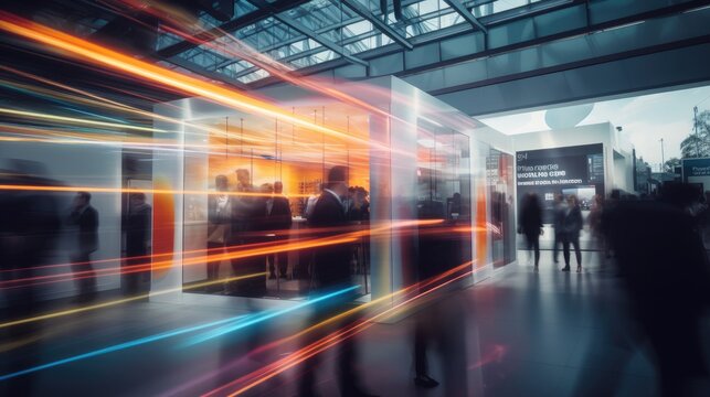 IT business convention, demonstration booth. Long exposure. Blurred human motion