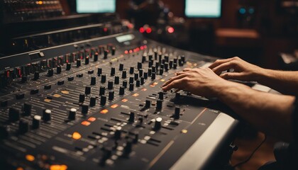 Close-up of dj hands working on mixing desk in recording studio - obrazy, fototapety, plakaty