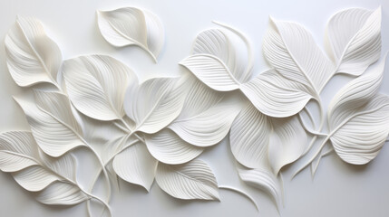 Leaves, embroidered in soft white. Delicate, artistic and nature-inspired design for fashion, decor and creative expressions. On textured canvas with a touch of botanical elegance. - obrazy, fototapety, plakaty
