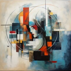 A vibrant abstract painting of a womans face in a circular format, showcasing a beautiful blend of colors and shapes in the visual arts
