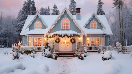 beautiful festive house covered with snow  generated by AI tool