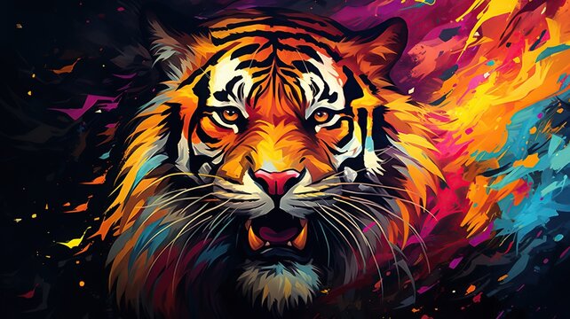 horizontal illustration of a tiger face and a colourful background AI generated