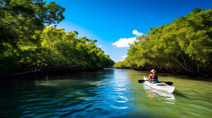 Couple kayaking together in mangrove river of the Keys, Florida, USA. Tourists kayakers touring the river of Islamorada. Generative AI.